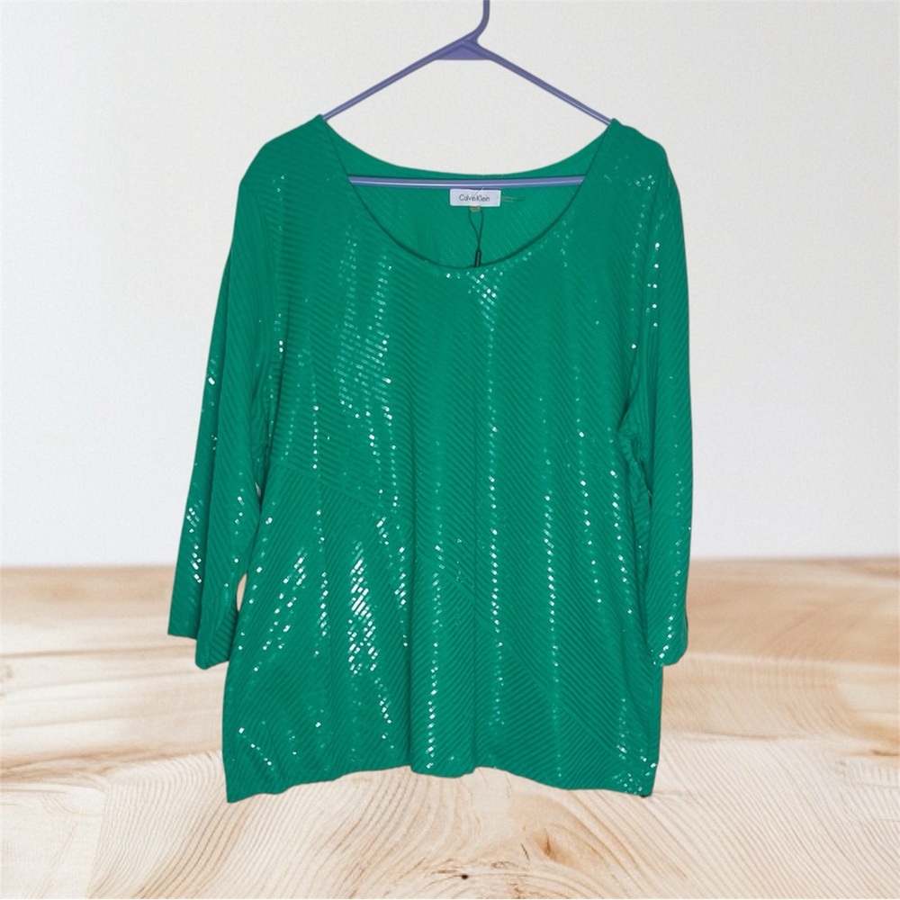 Calvin Klein Women’s Turquoise Sequin 3/4 Sleeves Blouse Size 2X NWOT